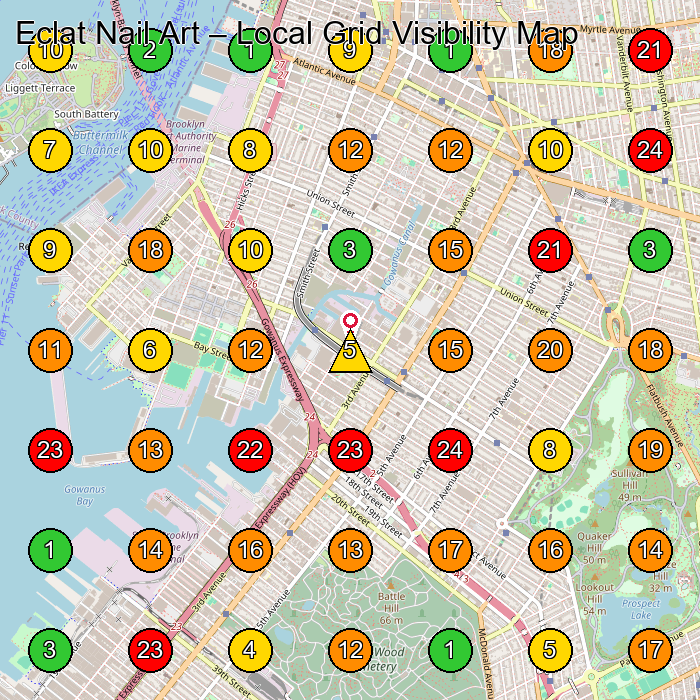 Eclat Nail Art Nail Salon GeoGrid ranking map for Brooklyn NY